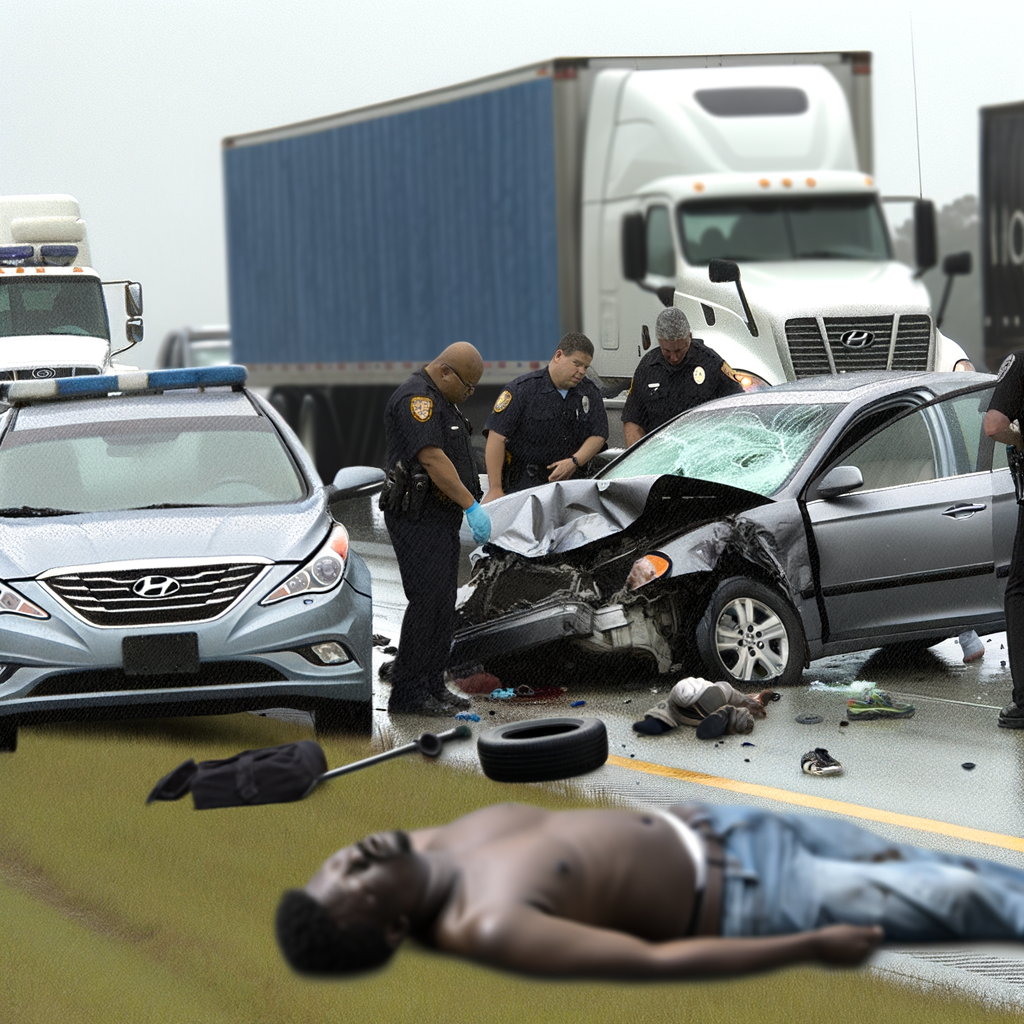 "Scene of deadly three-vehicle crash on I-75 in Cobb County, Atlanta, caused by speeding driver during Hurricane Helene; image shows damaged vehicles and emergency responders at the accident site."