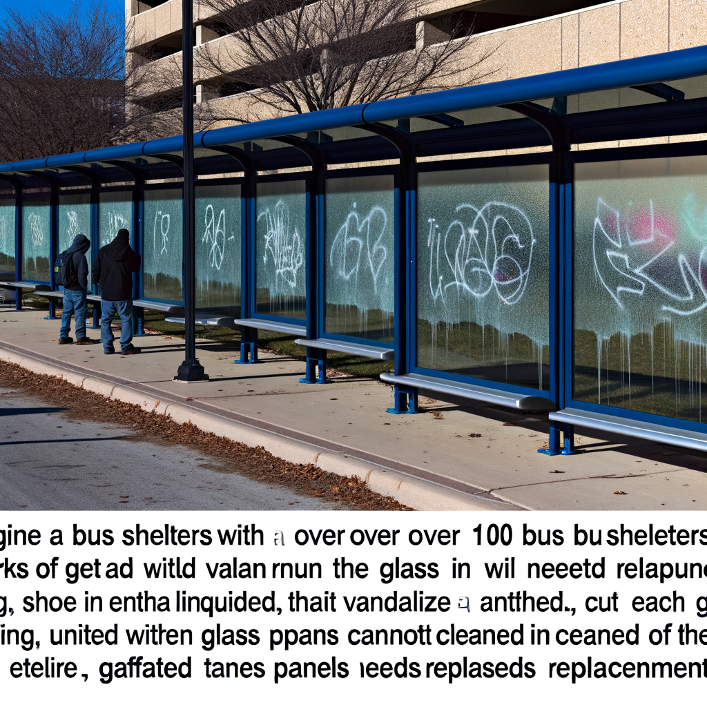 Alt text: "Vandalized MARTA bus shelter on Memorial Drive in Atlanta, showing etched glass and graffiti, highlighting the recent surge in vandalism that caused over $20,000 in damage during December 2023."