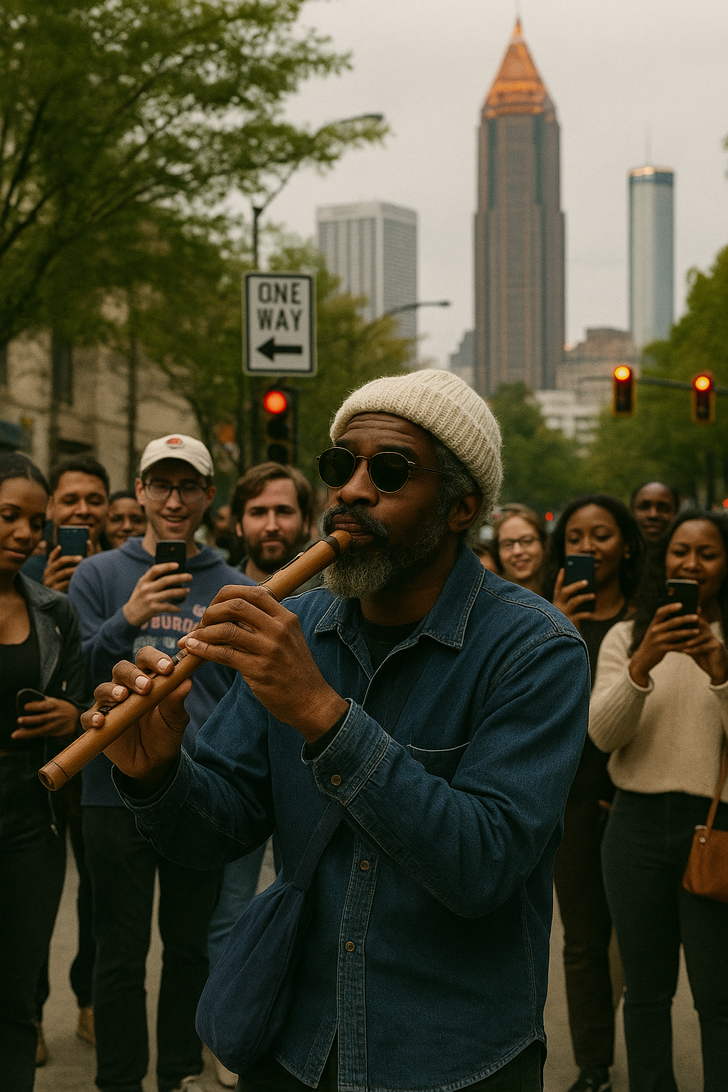 André 3000 playing a wooden flute on an Atlanta sidewalk while a crowd of smiling fans captures the moment on their phones.