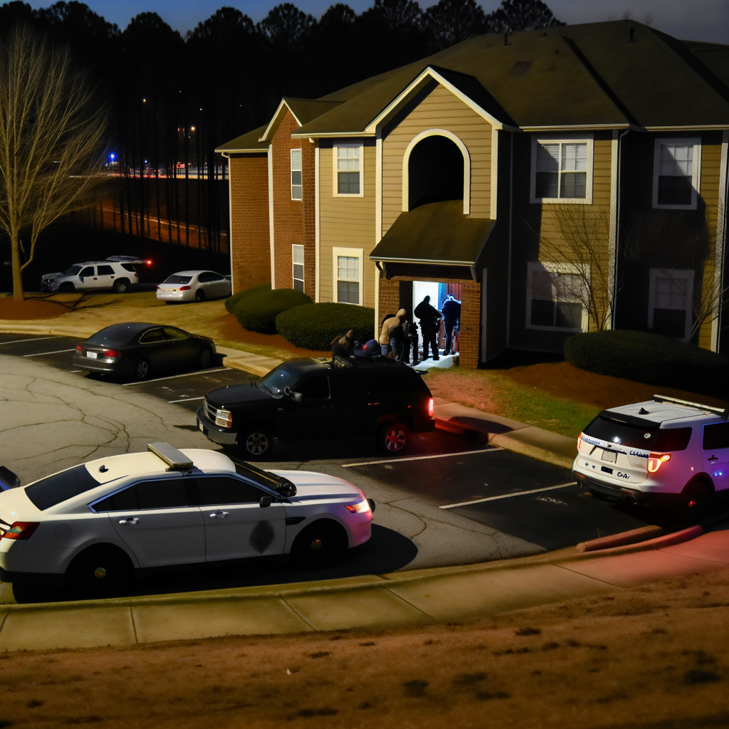 Alt text: "Police investigate a crime scene at an apartment complex on Centerview Drive in Duluth, Gwinnett County, where a man and woman were found dead in an apparent murder-suicide involving strangulation and hanging."