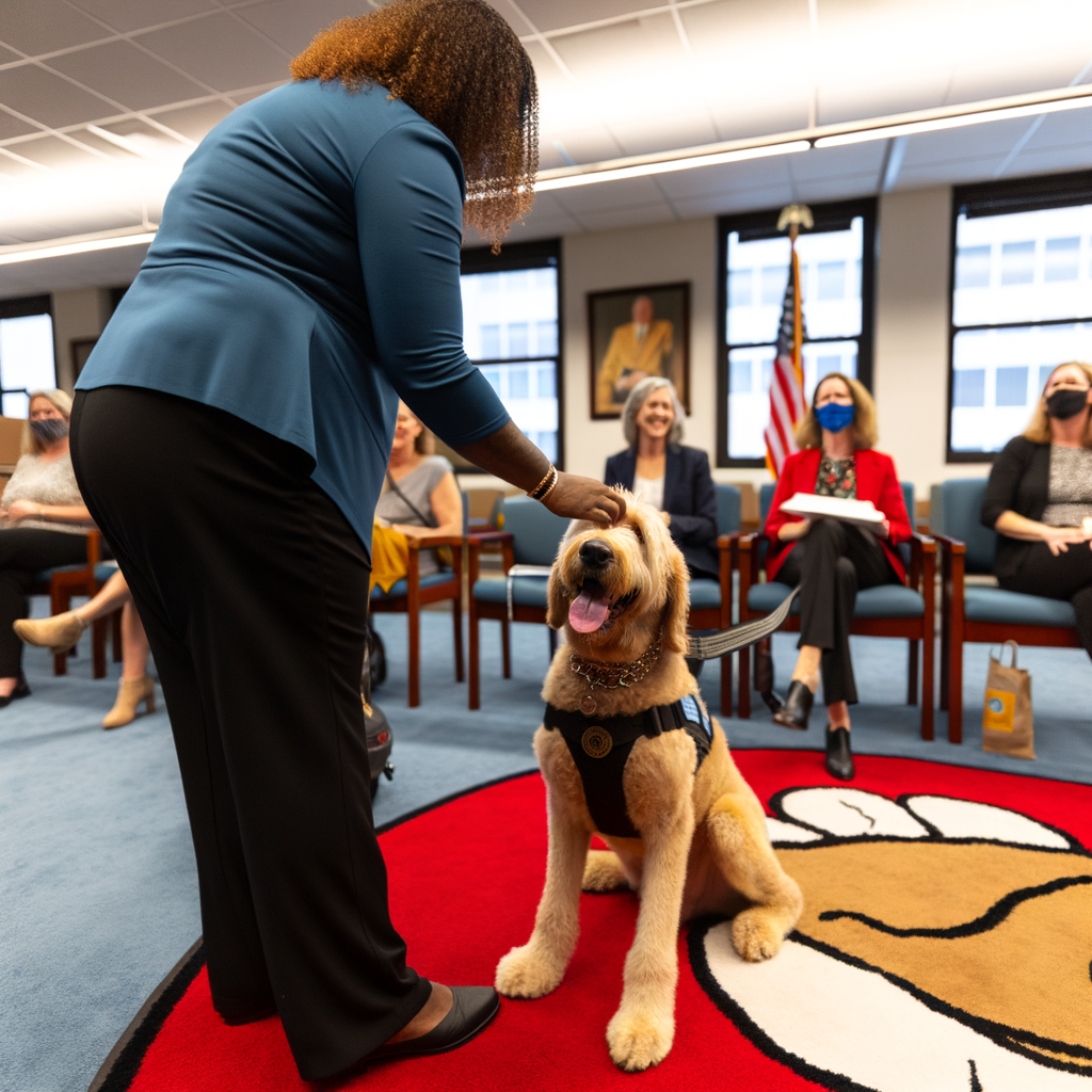 "Comfort dog Asher, a Labradoodle, helping crime victims in Atlanta, Georgia, as part of the Georgia Board of Pardons and Paroles' innovative program. Asher, trained by Tails of Hope, provides emotional support and stress