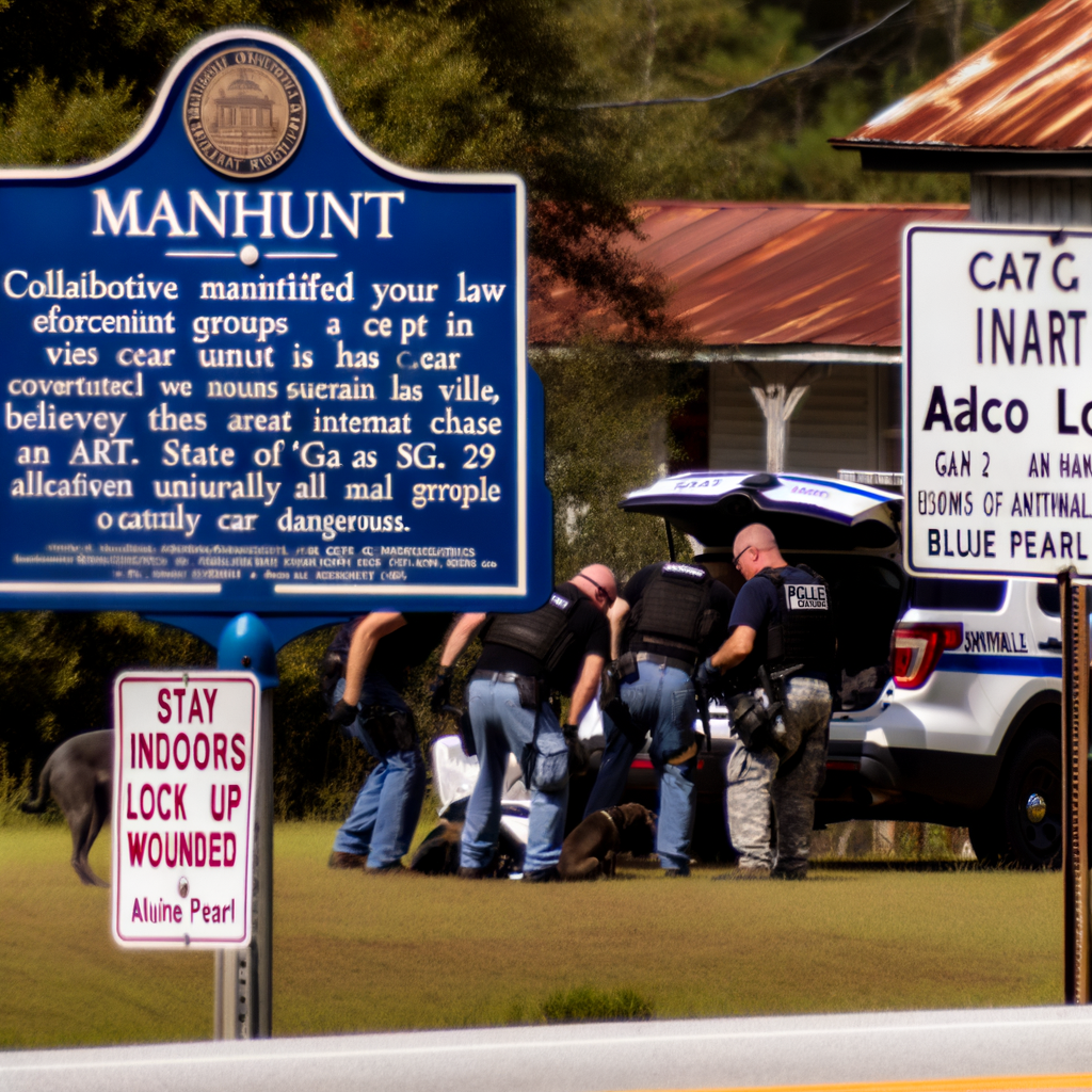 Alt text: "Law enforcement officers search for a murder suspect in Grantville, Georgia, after a high-speed car chase. A Georgia State Patrol K-9, shot during the incident, is seen being transported for surgery at Blue Pearl Hospital in Sandy