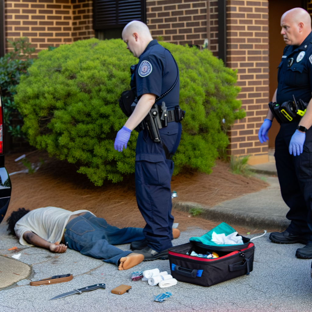 Alt text: "East Point police officers at the scene of a shooting incident at Stonetree Apartments, where a suspect armed with a knife attempted to attack an officer, prompting police to use force. The area is cordoned off as authorities investigate the