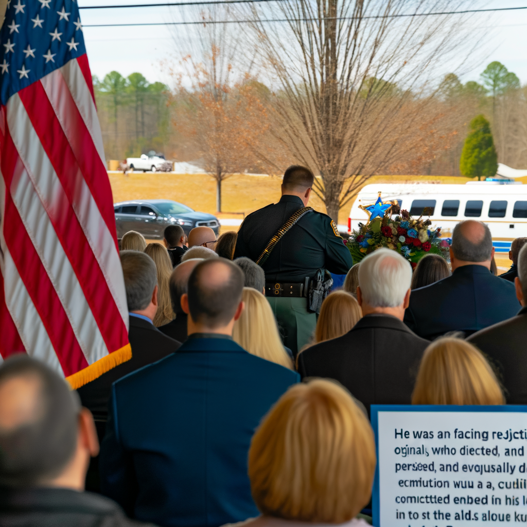 "Funeral service for fallen Paulding County Deputy Brandon Cunningham at West Ridge Church in Dallas, Georgia, attended by family, friends, and law enforcement community, honoring his sacrifice while serving the community. Cunningham was shot in the line of duty on August