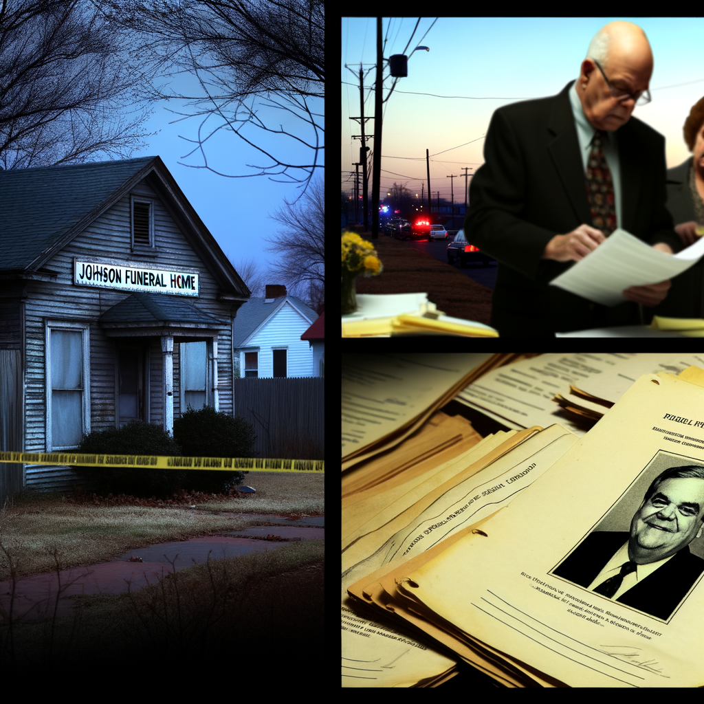 Alt text: "Investigators at Johnson Funeral Home in Coffee County, where 18 decomposing bodies were discovered, as the GBI announces arrests in a case involving insurance fraud and abuse of a dead body. The image highlights the ongoing investigation into the