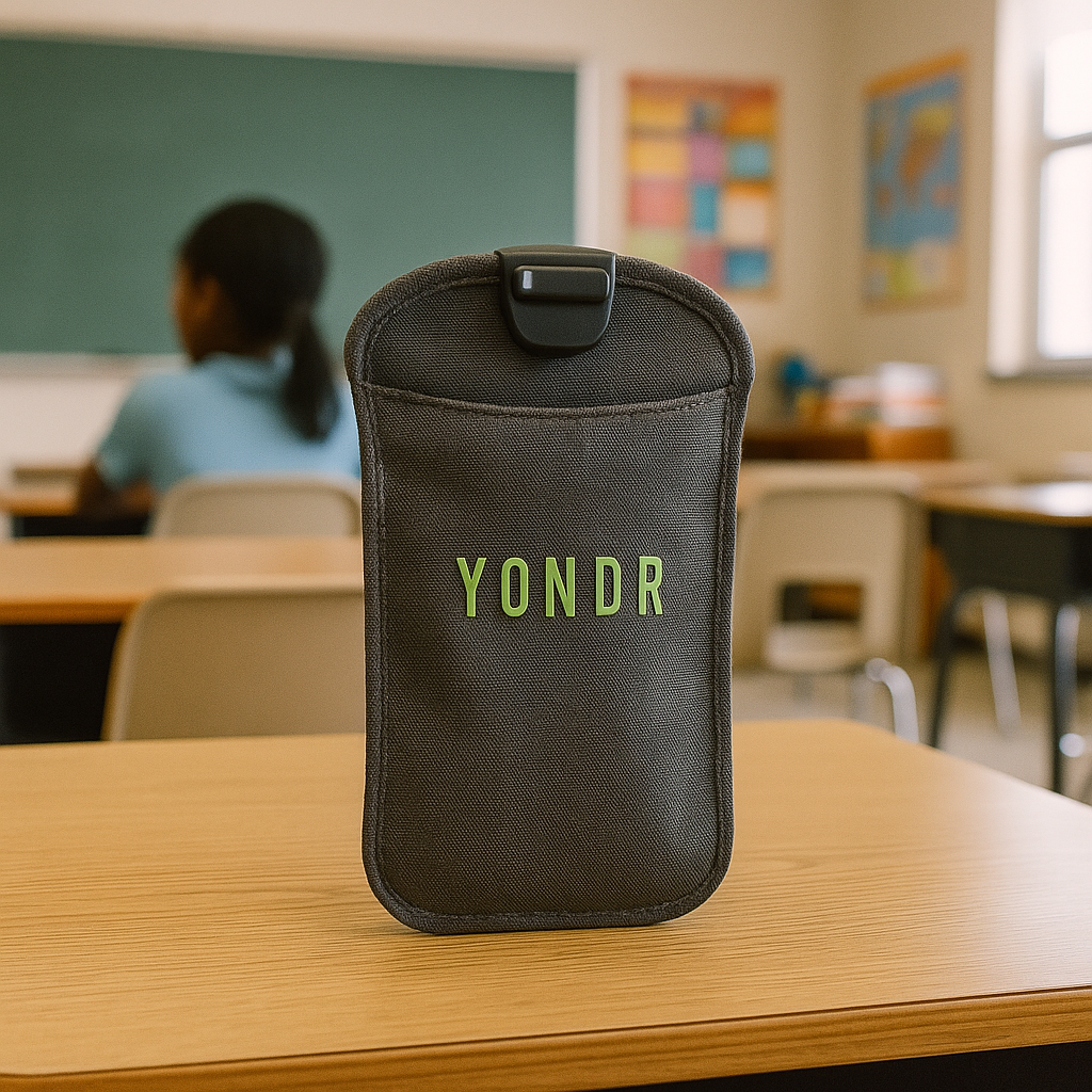 Yondr pouch on a school desk with a blurred student in the background.