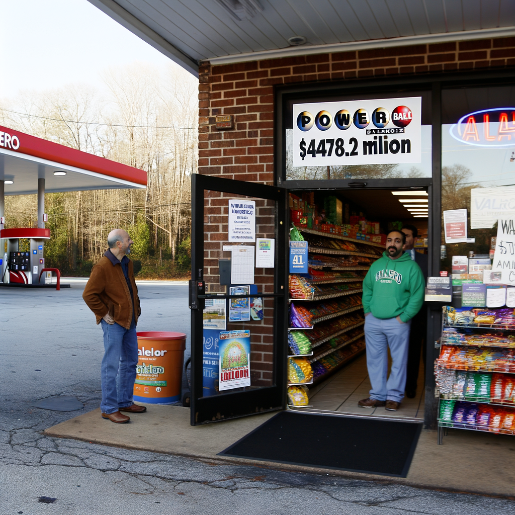 "Quik Mart at Valero gas station in Buford, Georgia, where the winning Powerball ticket for the $478.2 million jackpot was sold, with store manager Sayed Ashraf displaying congratulatory signs celebrating the historic win."