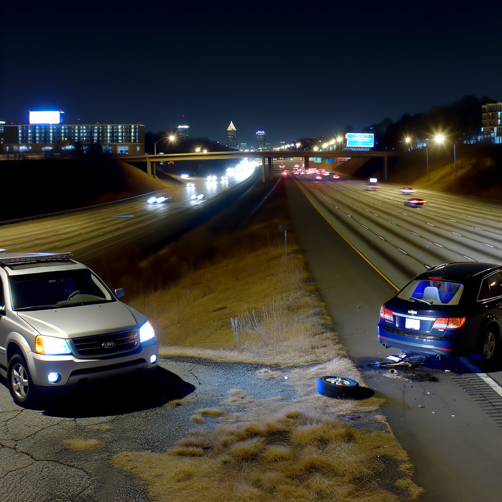 Alt text: "Scene of the fatal hit-and-run accident on I-85 North in Atlanta where 27-year-old Abari Meade was critically injured after his Kia Optima was struck by a Chevrolet Suburban. The image captures the area near