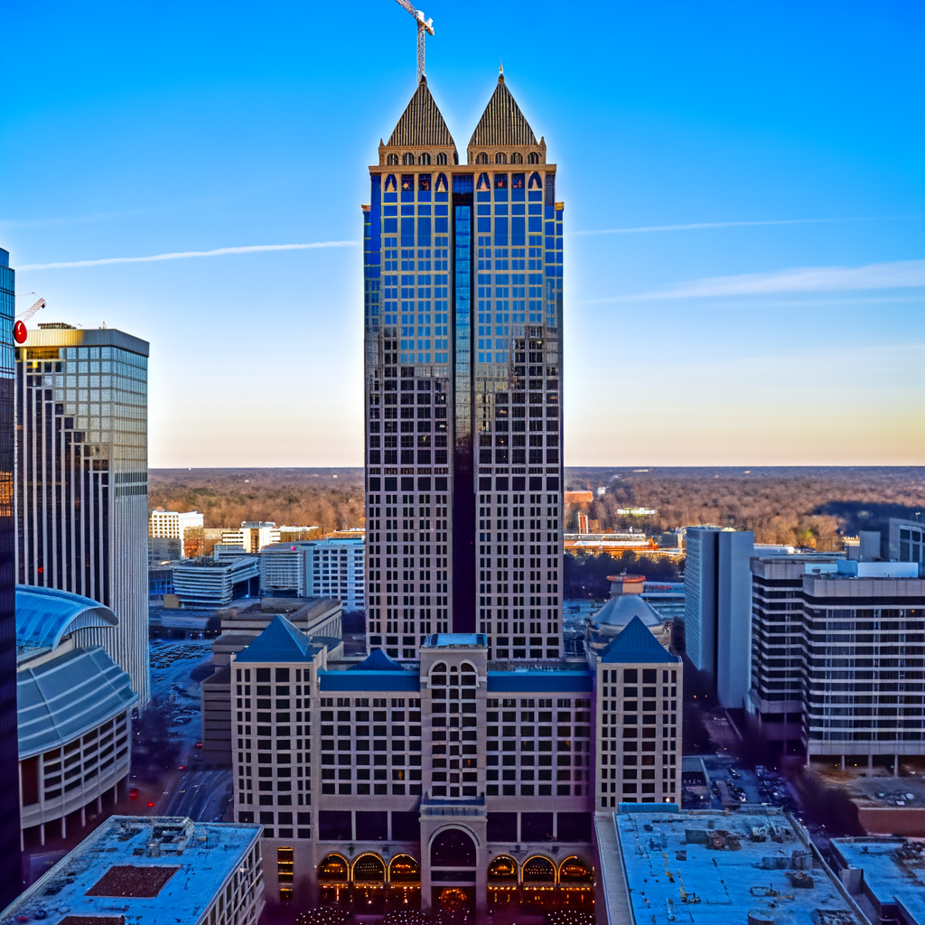 "Renovation plans for 191 Peachtree Tower in downtown Atlanta, showcasing the iconic 50-floor skyscraper with dual rooftop crowns, as it prepares for potential renaming and enhanced leasing opportunities amid a $4.5 million capital improvement campaign