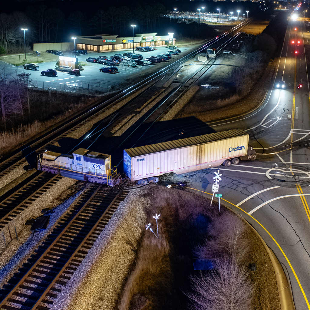 "CSX train collides with tractor-trailer at Roosevelt Highway and Roberts Road in South Fulton, causing road closures and extensive damage, October 2023."