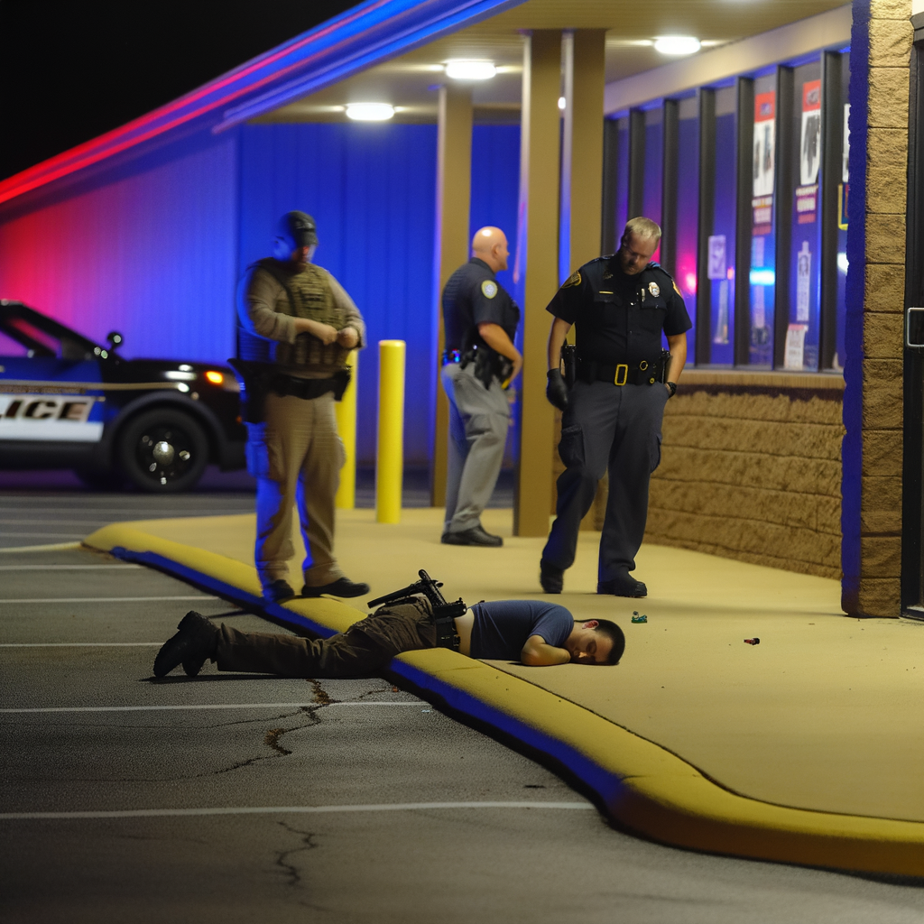 "Scene of the officer-involved shooting at Adventure Outdoors gun store in Cobb County, Atlanta, where two Smyrna police officers were injured and burglary suspect Emilio Aguilar was fatally shot during a confrontation."