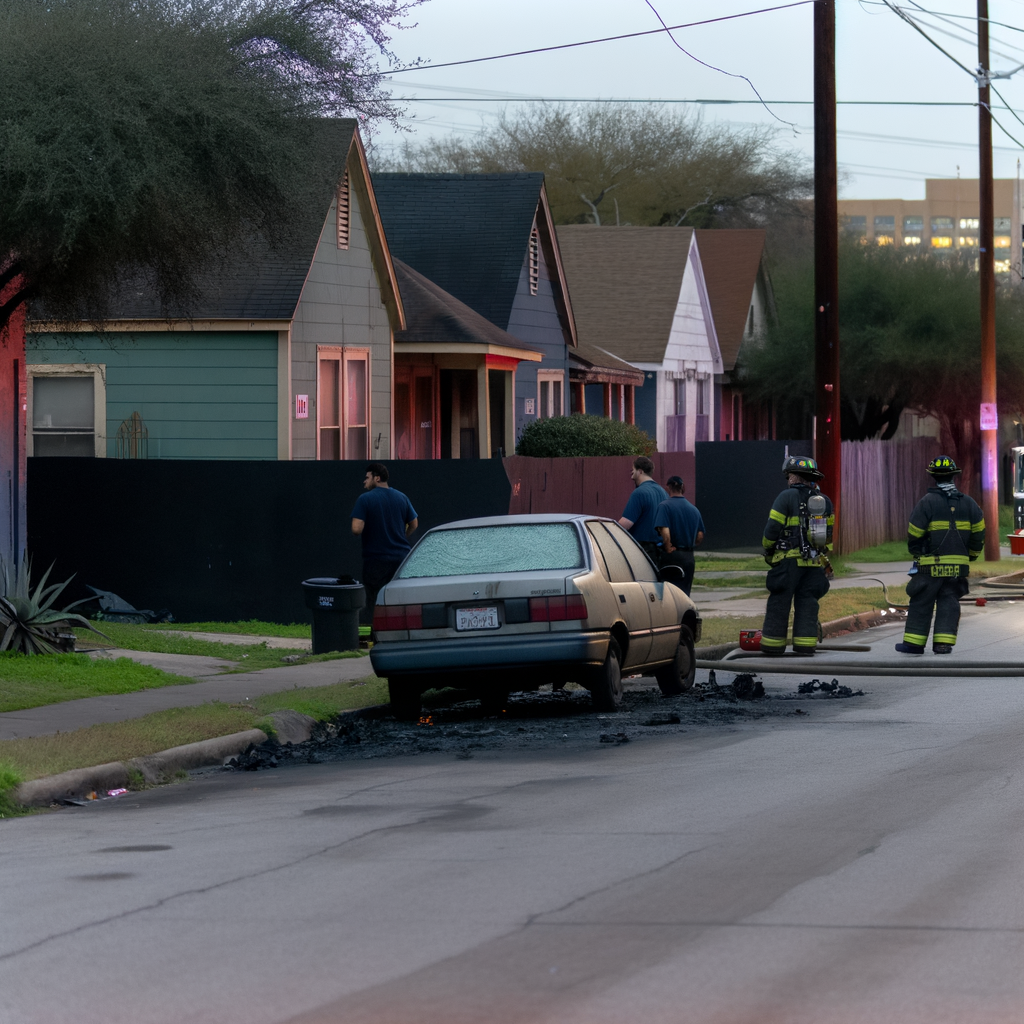 "Firefighters extinguish a burning vehicle on Wadley Street in northwest Atlanta, where a body was discovered in the backseat, prompting a homicide investigation by Atlanta police."