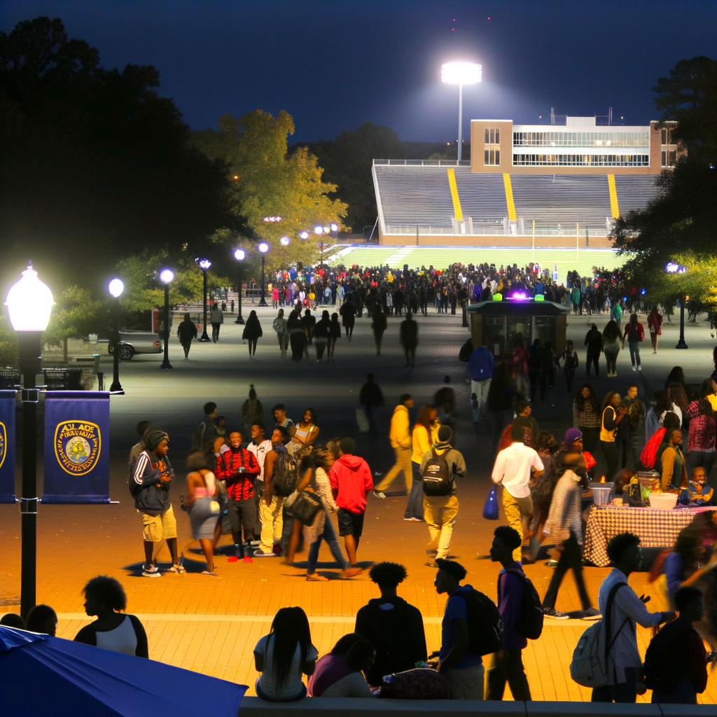 "Albany State University homecoming weekend shooting scene, highlighting the tragic incident that led to the death of 19-year-old De'Marion Tashawn Daniels and injuries to multiple victims, including a 13-year-old girl. Police presence and