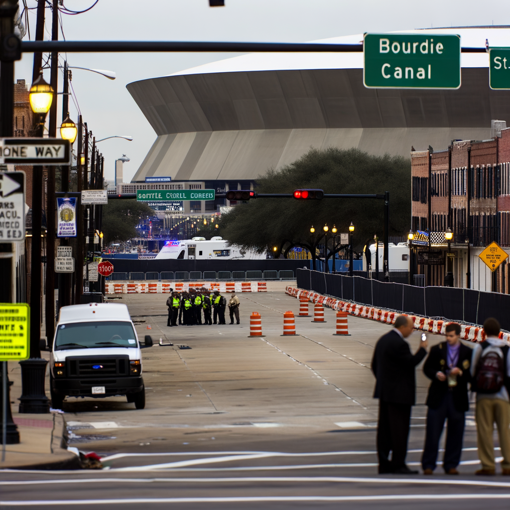 "Image of the Allstate Sugar Bowl logo with a backdrop of New Orleans, highlighting the postponement of the college football playoff game due to a tragic terrorist attack that left 10 dead and 35 injured, emphasizing public safety concerns as fans from University