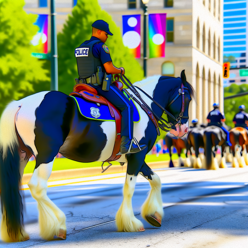 "Atlanta Police Department's beloved mounted patrol horse Oreo, who assisted in the apprehension of carjacking suspects and burglaries, stands proudly in uniform before his passing at age 21, remembered for his vibrant personality and crucial role in community policing."