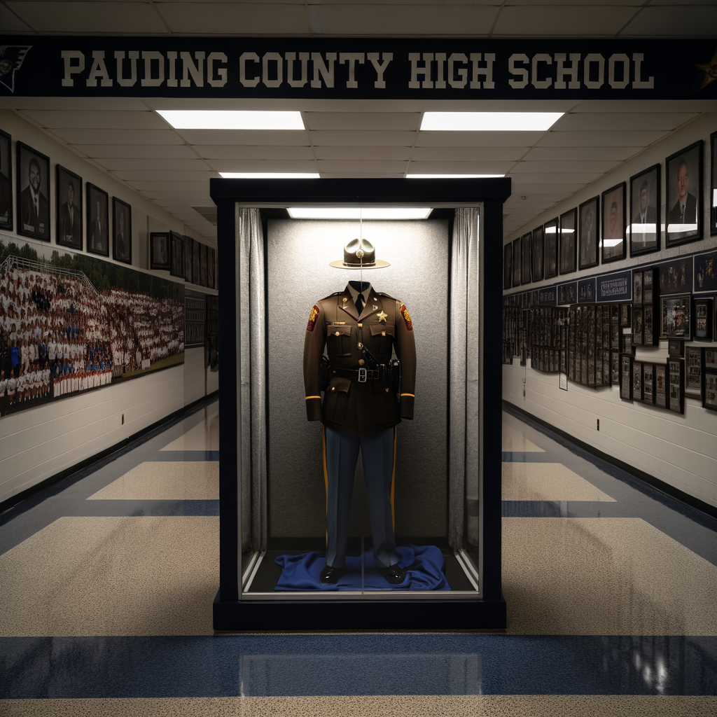 Alt text: "Uniform of Georgia State Trooper Jimmy Cenescar displayed at Paulding County High School in honor of his sacrifice in the line of duty, following his tragic death in January 2024 during a police pursuit."