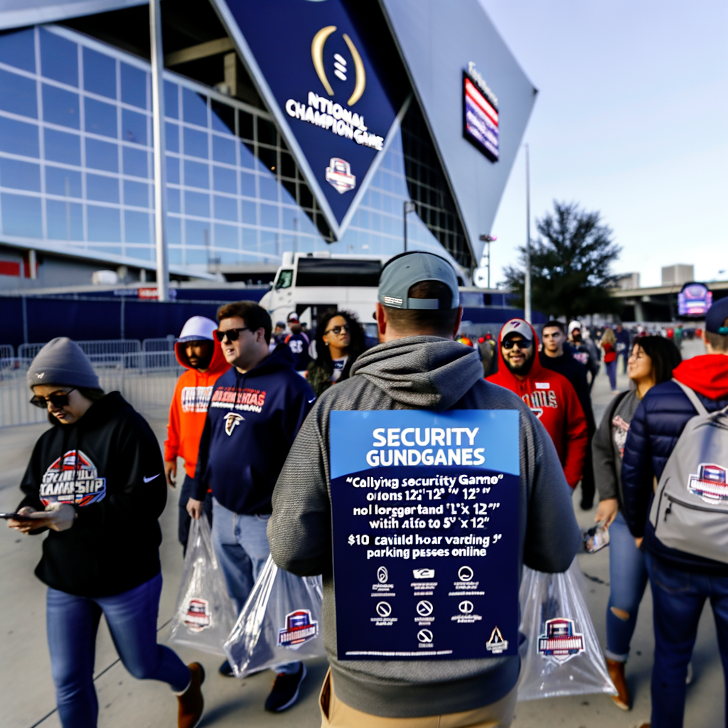 Alt text: "Fans preparing to enter Mercedes-Benz Stadium in Atlanta for the Ohio State vs. Notre Dame national championship game, highlighting security measures, clear bag policies, and mobile ticketing guidelines for a smooth entry experience."