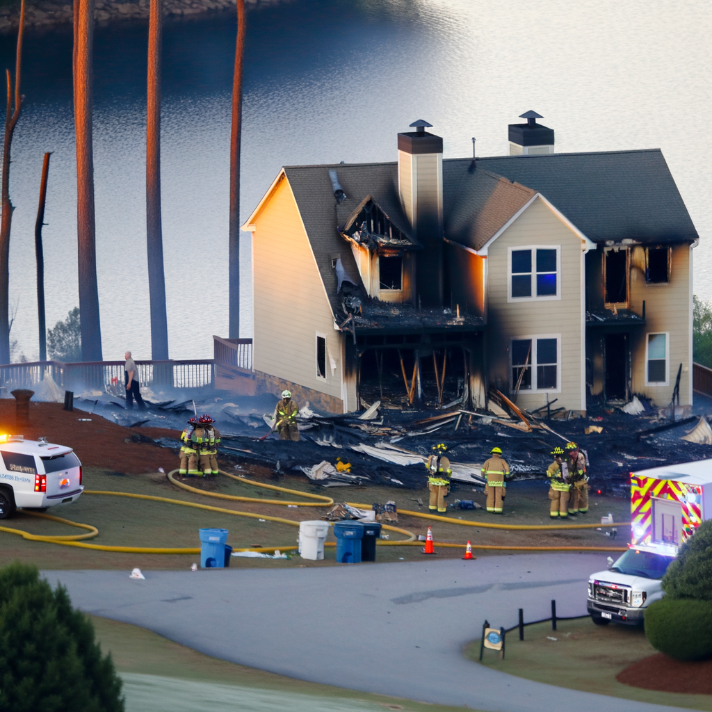 "Firefighters battling a fully involved house fire at 9040 Fairlane Trail near Lake Lanier, Forsyth County, where a body was discovered amidst the debris, prompting an investigation by fire marshals and the sheriff’s office."