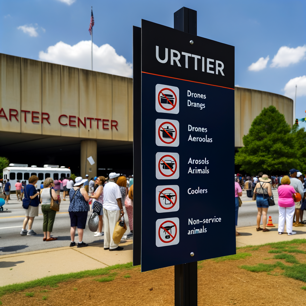 "Signage at the Carter Presidential Center in Atlanta warns visitors about prohibited items during the public viewing of former President Jimmy Carter, highlighting security measures in place for mourners. Items such as backpacks, purses, and other restricted objects are not allowed as