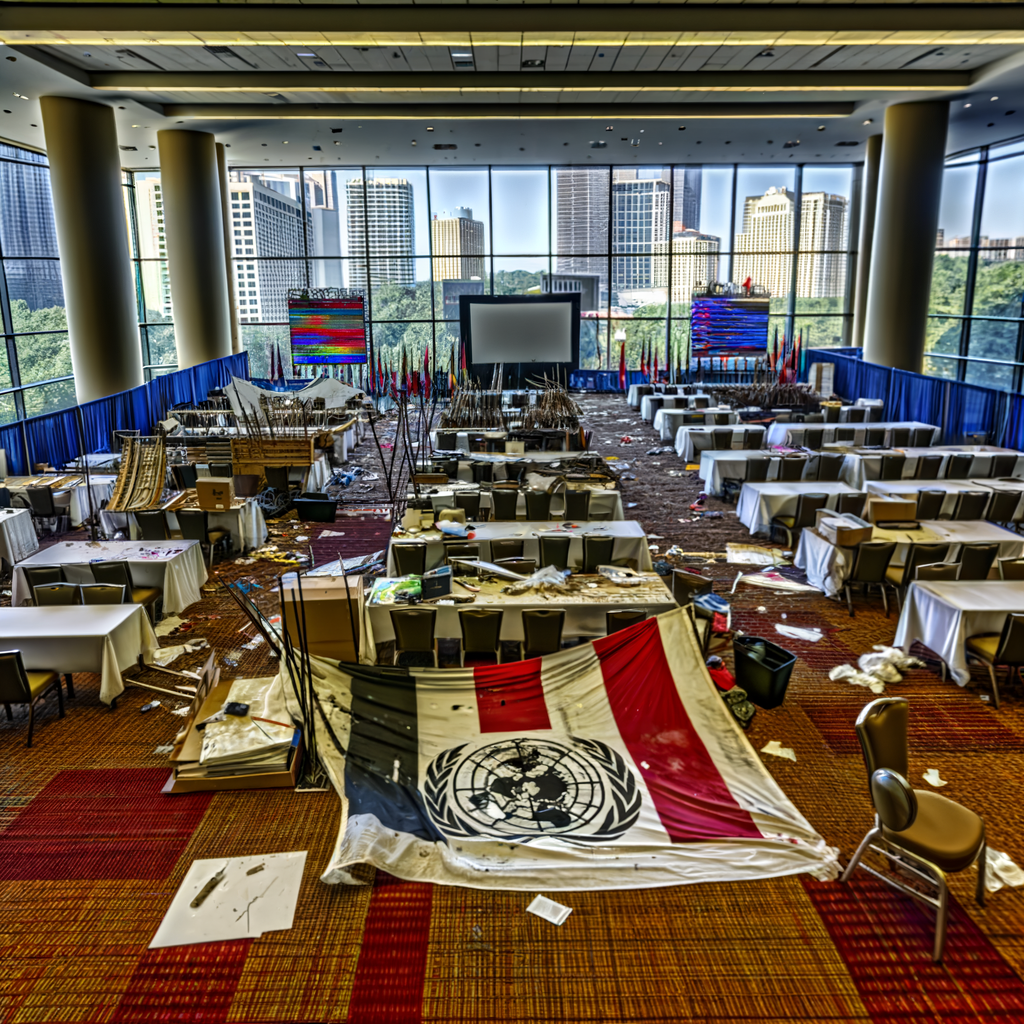 "Vandalized conference hall at Starling Hotel in Midtown Atlanta, showcasing scattered merchandise and decorations after a hate-fueled attack during Global Black Pride event. Image highlights the aftermath of the incident where a hotel guest vandalized the venue, emphasizing the