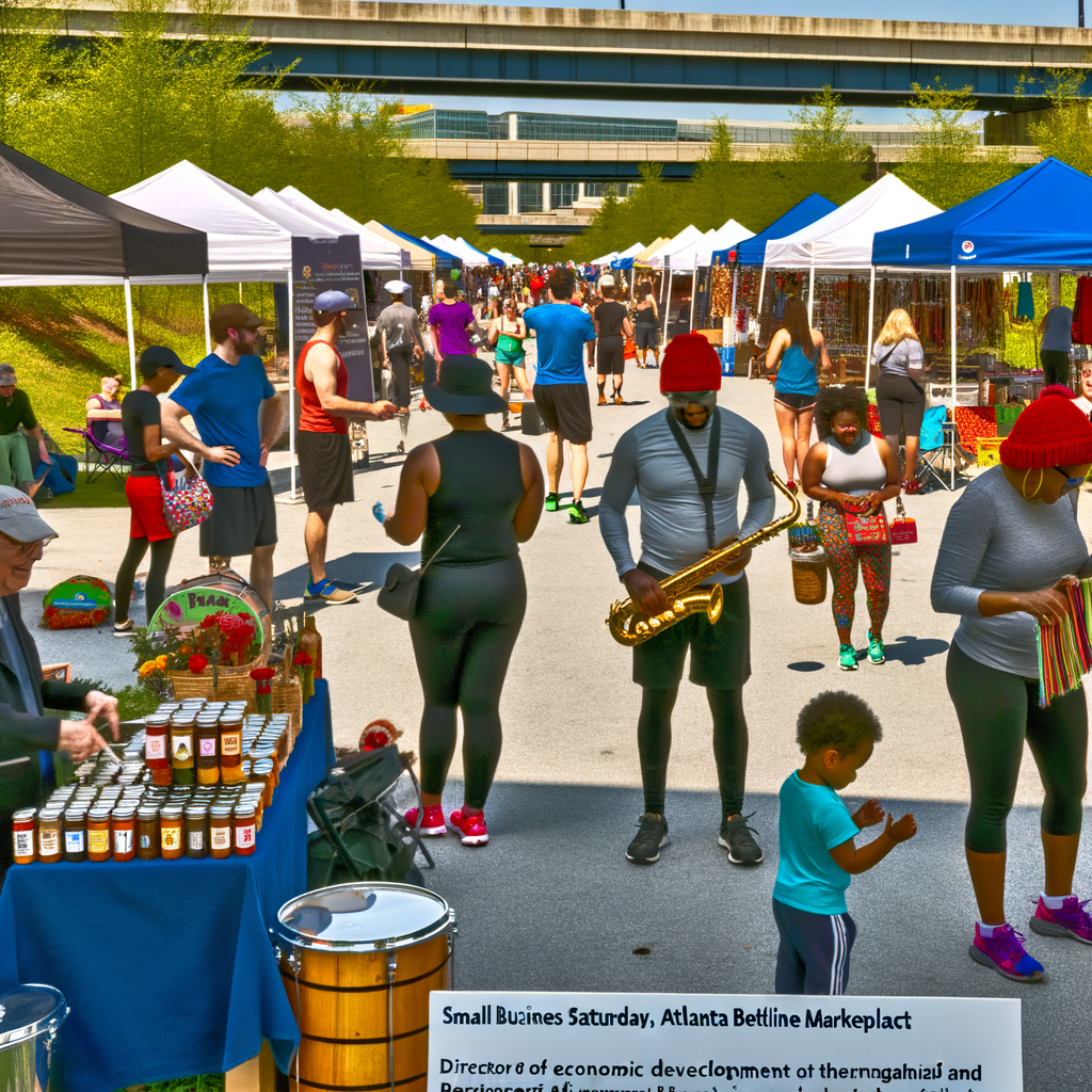 "Vibrant scene at Atlanta Beltline Marketplace during Small Business Saturday, showcasing local vendors and shoppers enjoying unique products like homemade hot sauces and wood burning art, with festive music and community engagement in the heart of Atlanta."