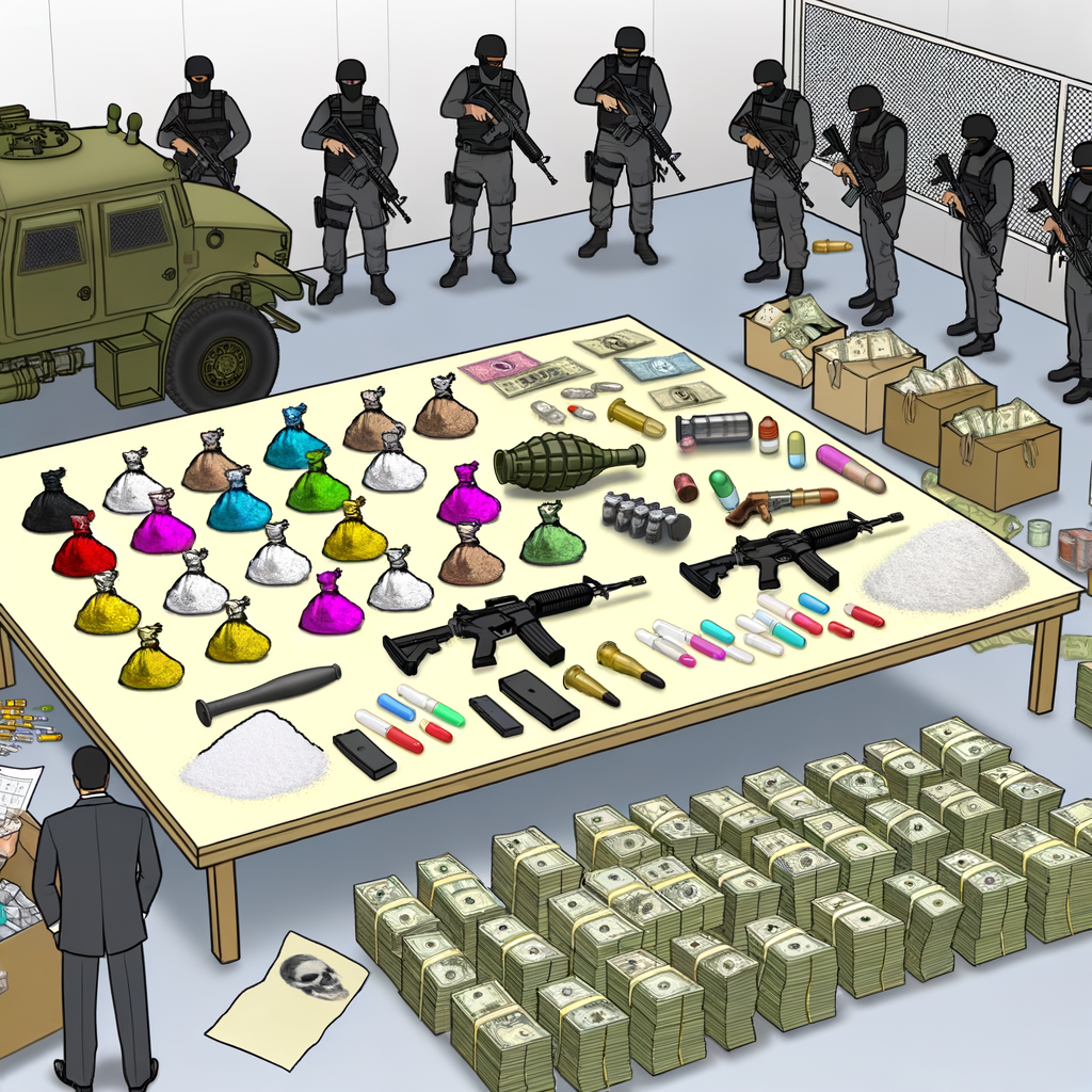 "Seized firearms and drugs displayed on a table during a press conference highlighting the Athens-area bust, which involved 26 firearms, a grenade launcher, and nearly $1 million in drugs including cocaine and fentanyl, as part of Operation Take Back America