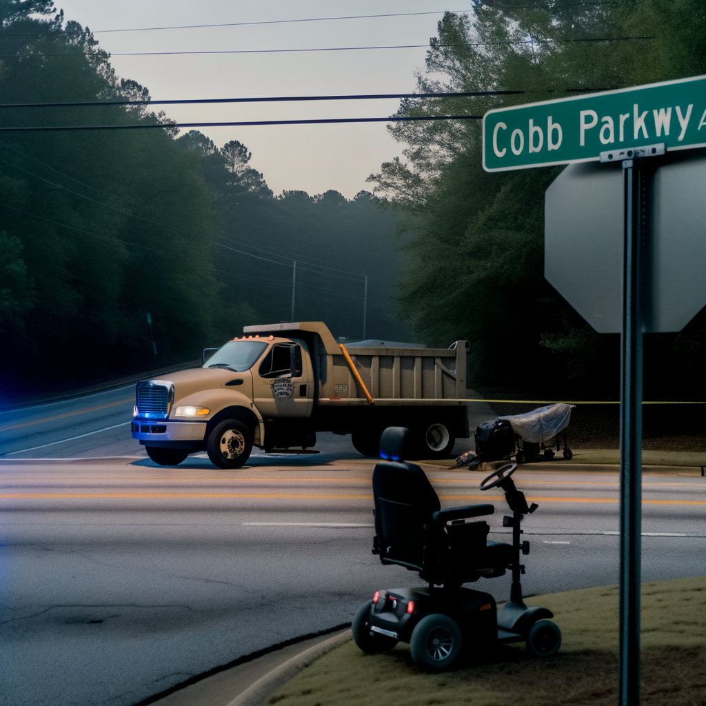 Alt text: "Scene of a fatal accident on Cobb Parkway in Acworth, Georgia, where a man in an electric wheelchair was struck by a dump truck early Thursday morning. Emergency responders at the site of the collision, highlighting the ongoing investigation by Cobb