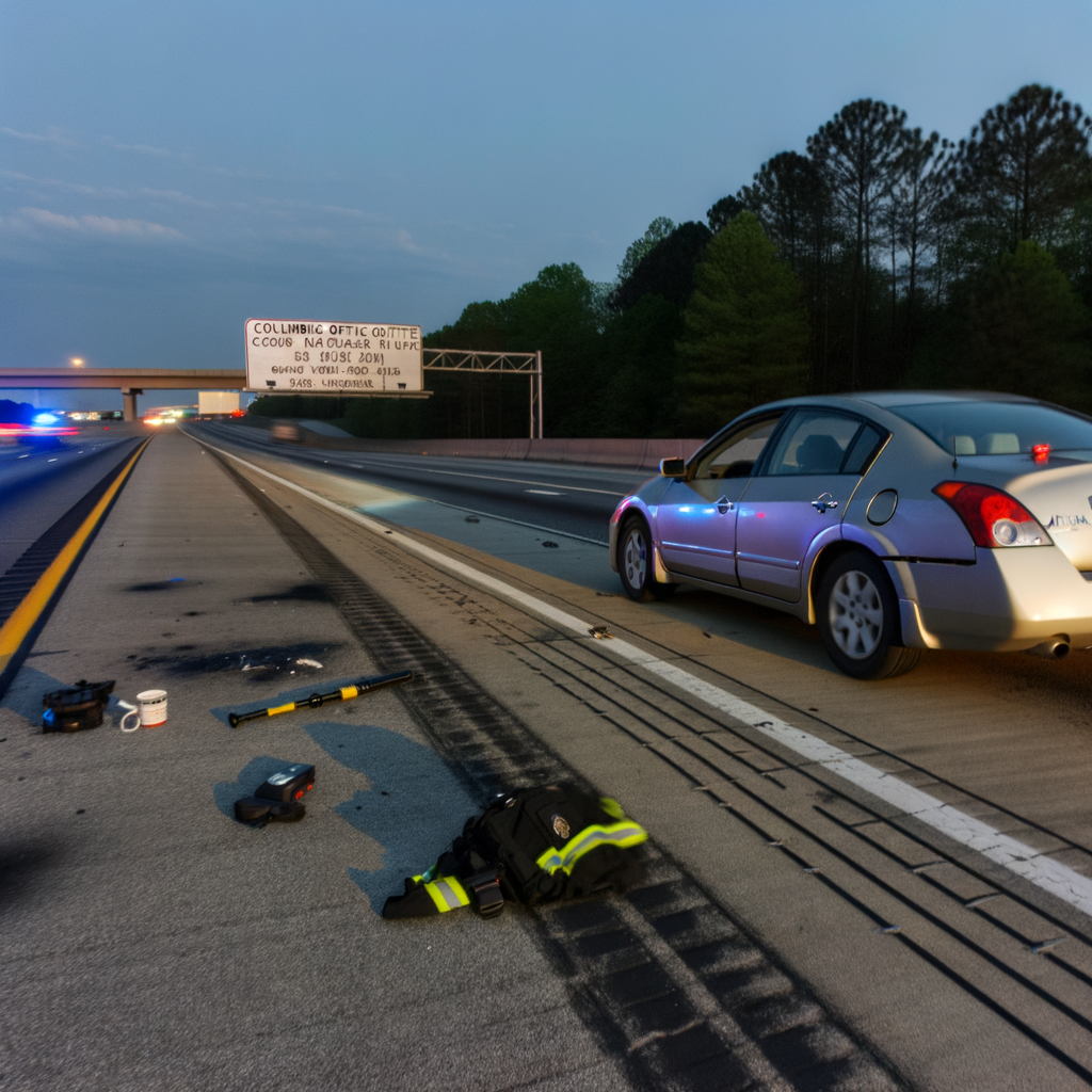 "Georgia State Patrol trooper at the scene of a fatal shooting incident on I-85 in Coweta County, where 26-year-old Cameron David James was shot after reaching for a gun during a traffic stop, highlighting ongoing investigations into officer-involved