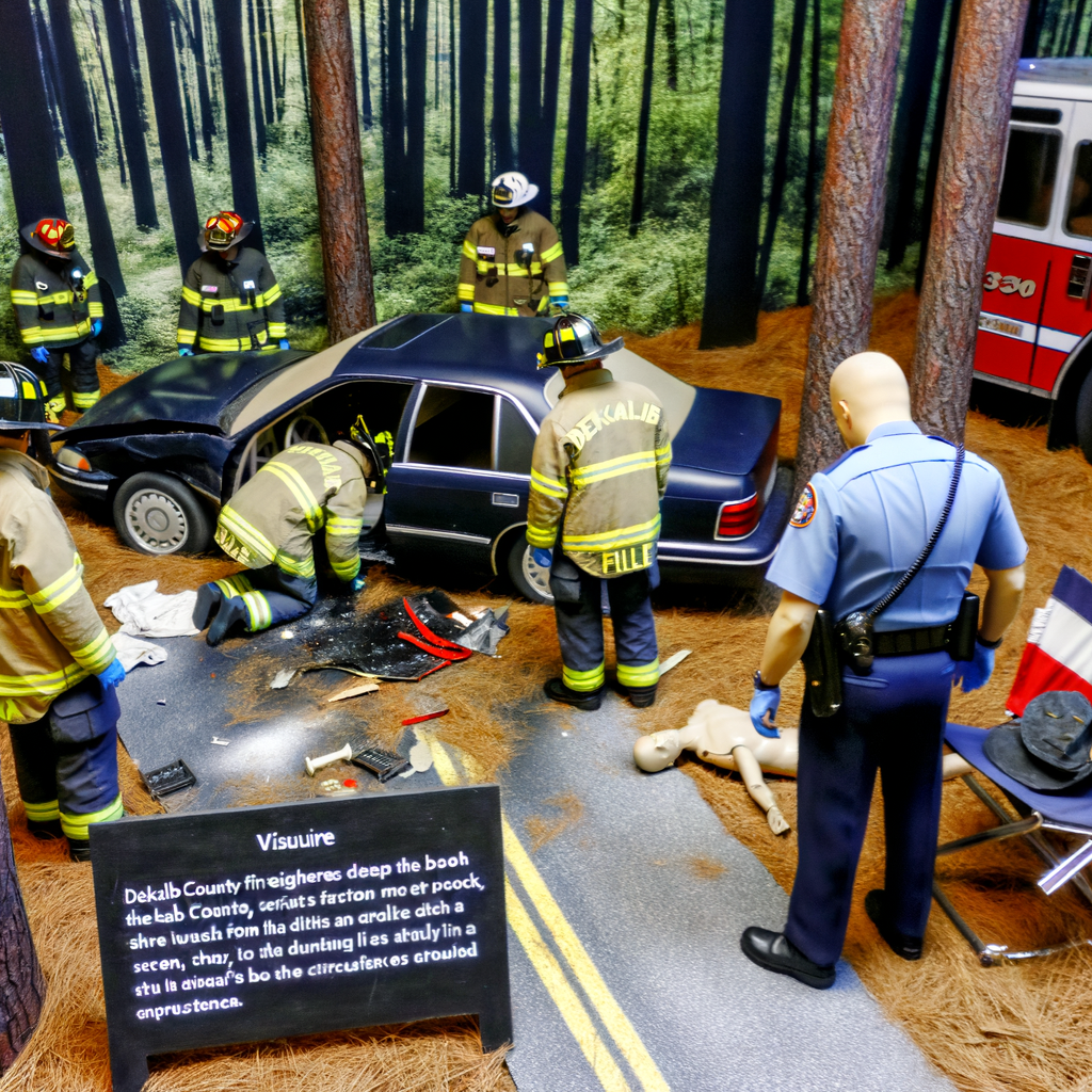 "DeKalb County firefighters extricate a man from a crashed vehicle in the woods on Waldrop Road, Decatur, after authorities discover he died from a gunshot wound, highlighting ongoing investigations into the incident."