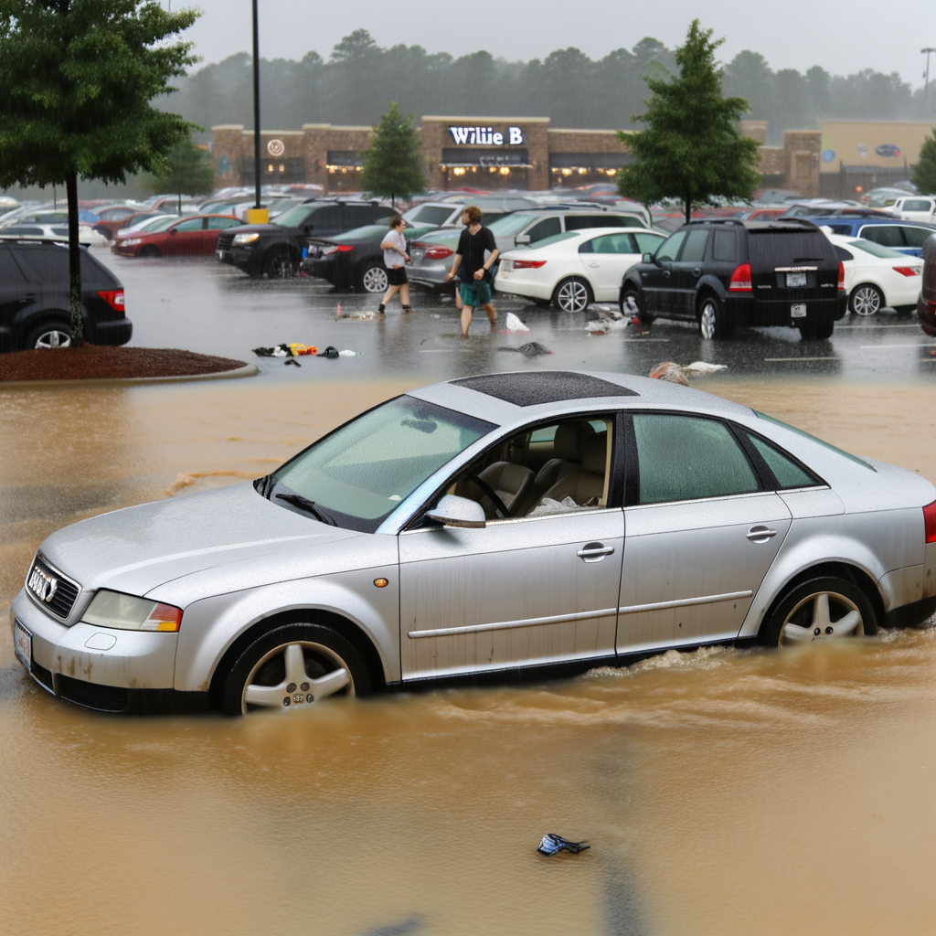 Alt text: "Flooded Audi car at Silverbacks Park in DeKalb County after severe storm caused flash flooding in metro Atlanta, with waterlogged seats visible and mud covering the interior, highlighting the impact of heavy rainfall on local vehicles."