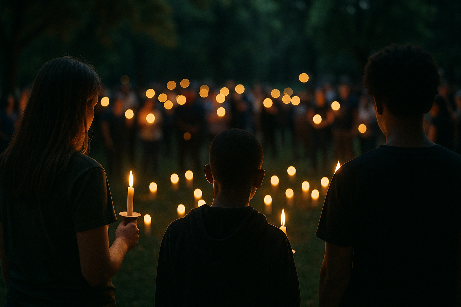 Candlelight vigil in an Atlanta park where mourners stand silently in front of a memorial of candles, flowers, and a teddy bear.