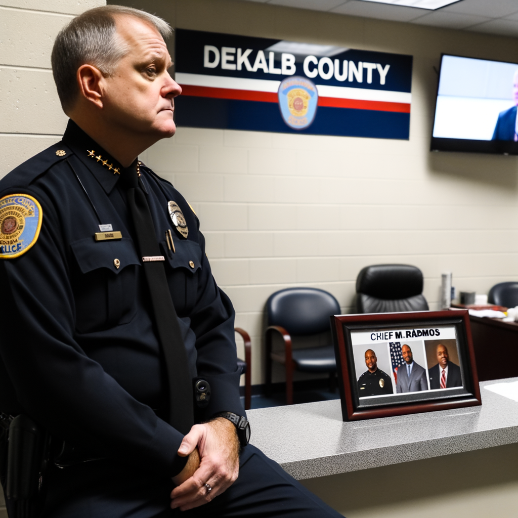 "DeKalb County Police Chief Mirtha Ramos announces her resignation after five years of service, highlighting her tenure's achievements in crime reduction and community trust. The image shows Chief Ramos speaking at a press conference, wearing her police uniform, with De