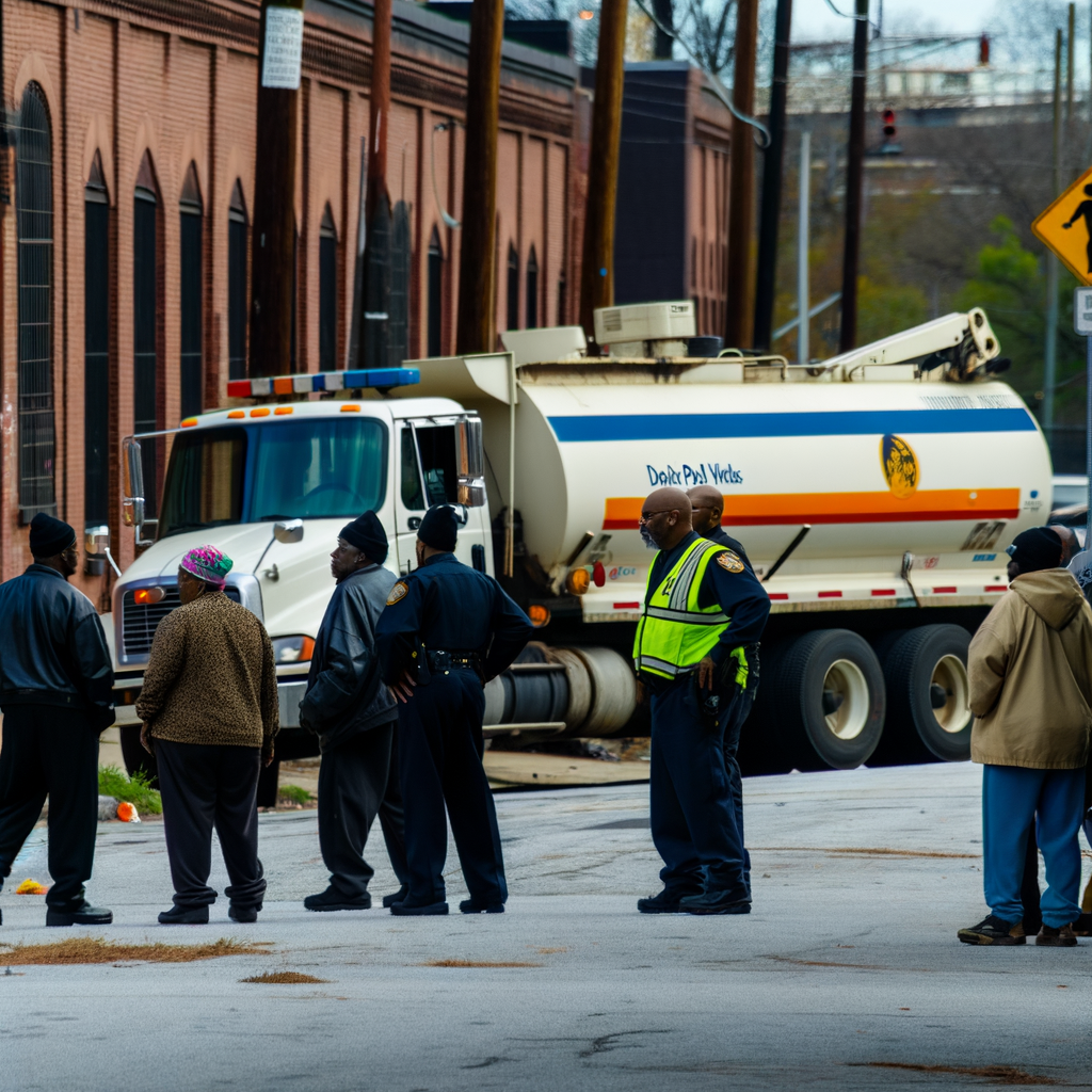 Alt text: "Atlanta police investigate the scene of a fatal incident involving an unhoused individual and a Department of Public Works vehicle on Old Wheat Street, near I-85 and the King Center. The image shows emergency responders at the location where the man