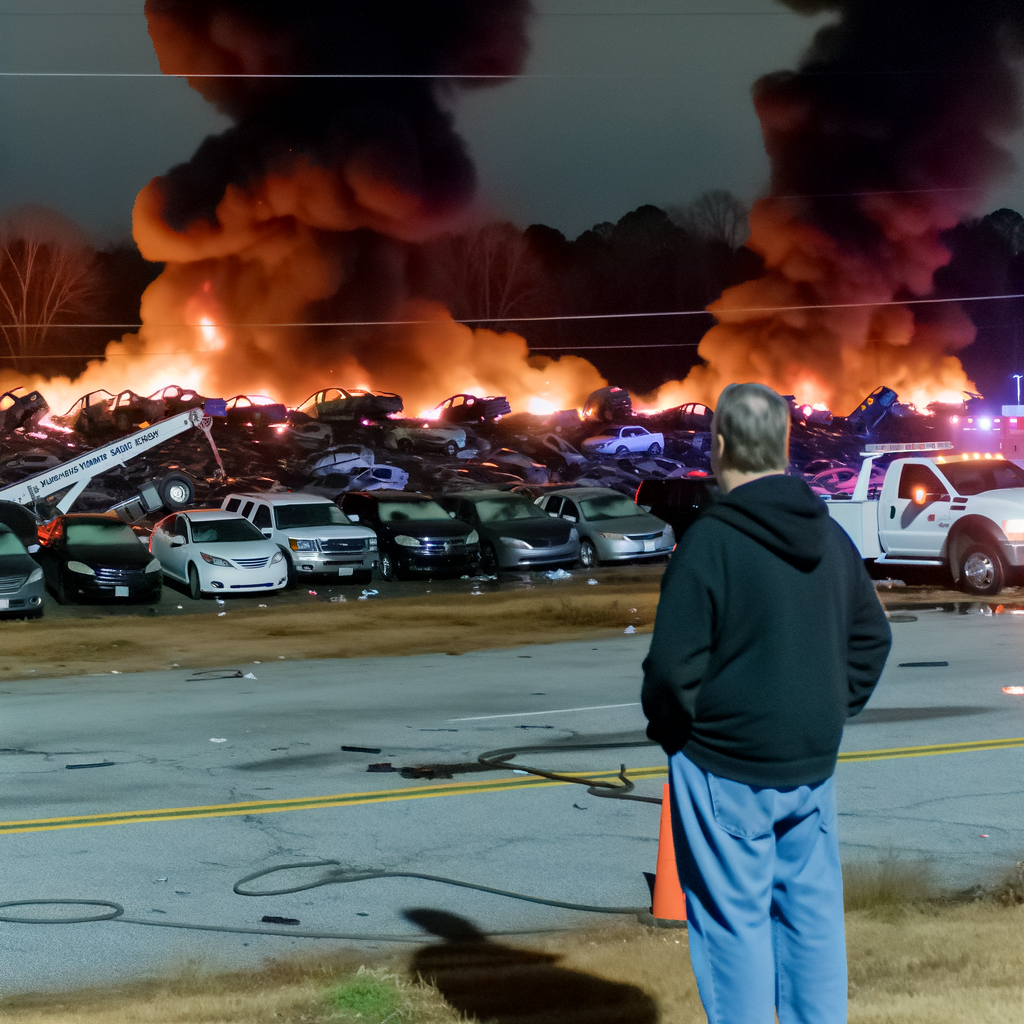 Alt text: "DeKalb County fire crews respond to a massive blaze at South DeKalb Towing & Transport yard in Lithonia, Georgia, with flames engulfing multiple vehicles early Friday morning, as smoke billows into the sky."