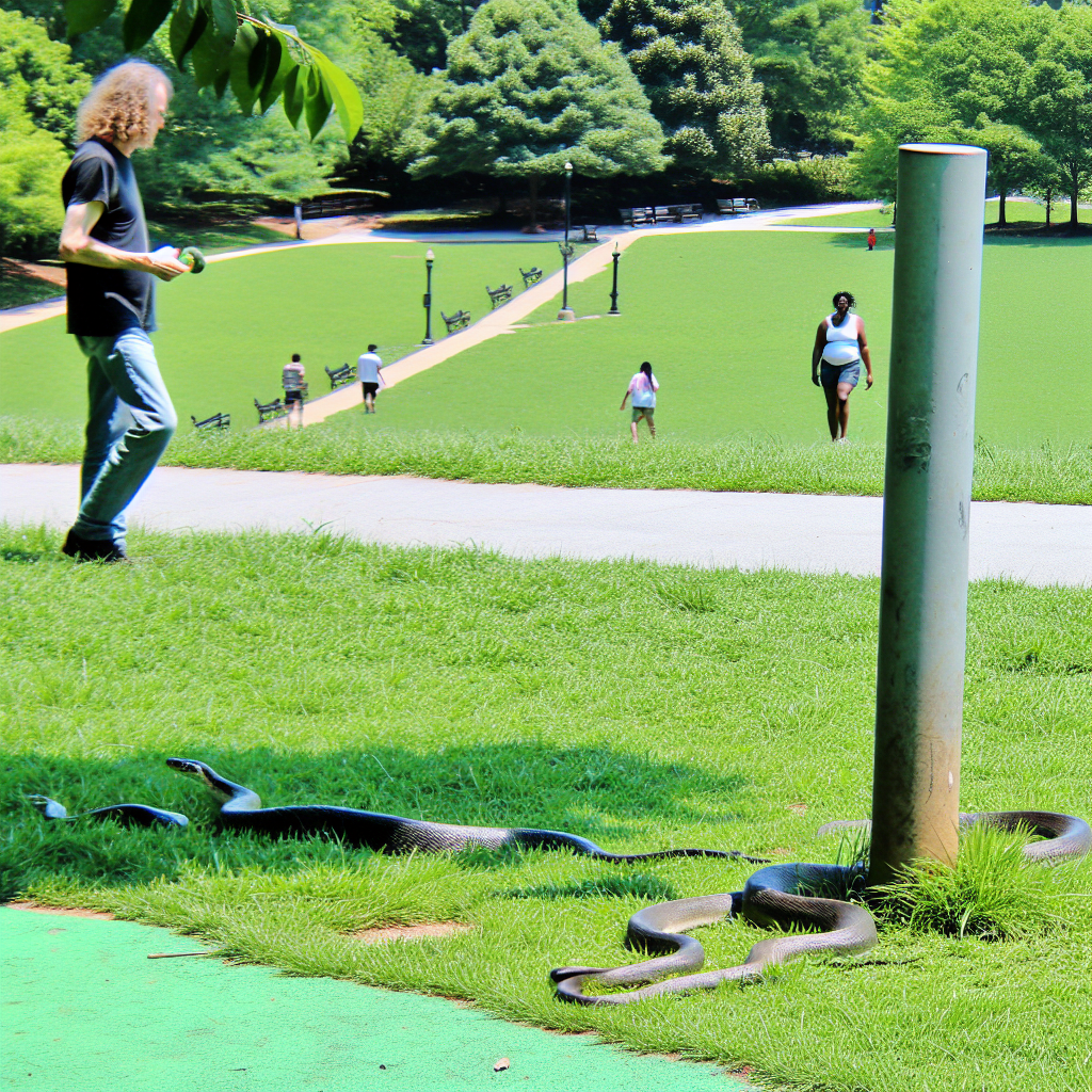 "Large snakes slithering through Piedmont Park in Atlanta, highlighting the growing concerns among residents about exotic pets in public spaces. The video captures the reptiles climbing a utility pole and resting in the park's green areas, sparking discussions on park policies