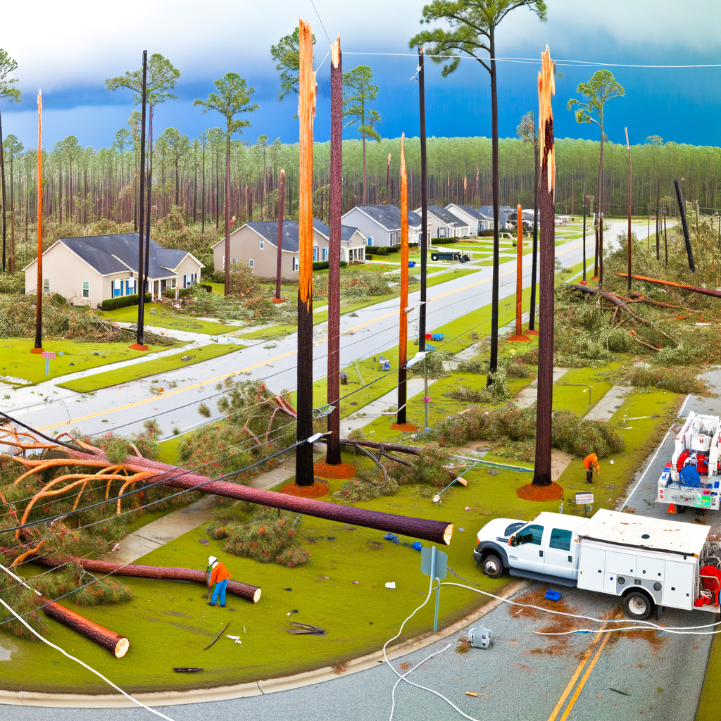 "Severe storms in Atlanta caused widespread power outages, with downed trees and power lines visible in a suburban neighborhood after high winds reached up to 80 mph. Georgia Power and Georgia EMC reported over 25,000 customers without electricity as of Thursday