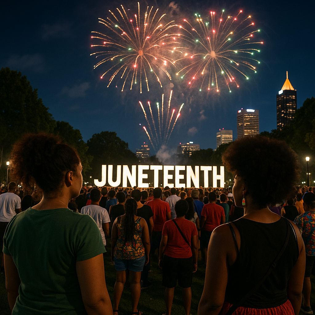 A large group gathers for Juneteenth fireworks in an Atlanta park as colorful bursts light up the night sky above the skyline.