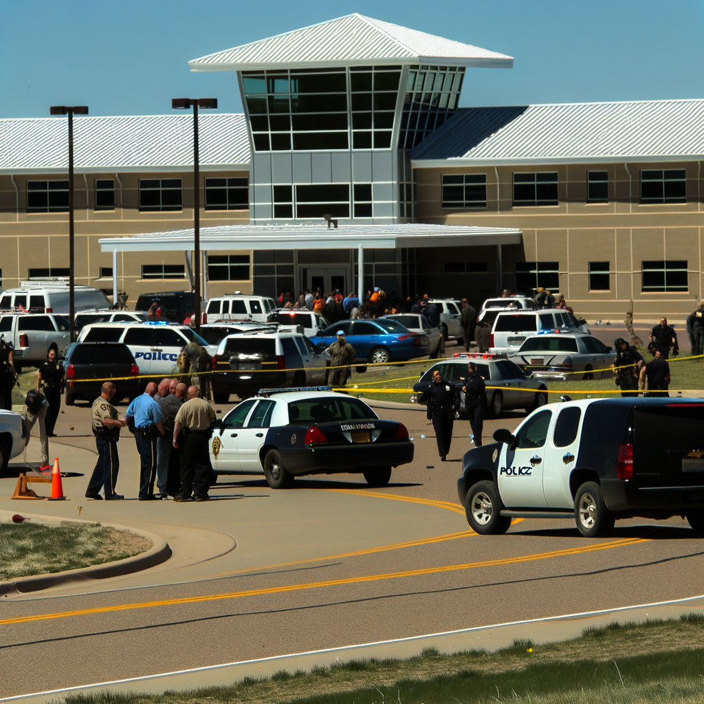 Alt text: "Gwinnett County Jail incident scene showing law enforcement officers responding to a shooting involving a suspect with a gun outside the facility on University Parkway in Lawrenceville, Atlanta. The image captures the tense atmosphere as deputies investigate the situation, ensuring