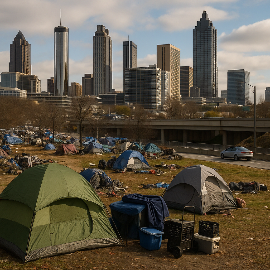 Tents set up in an Atlanta homeless encampment with the city skyline behind.