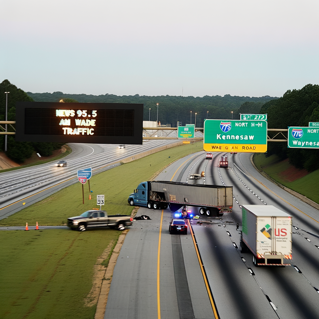 "Tractor-trailer crash on I-75 North near Wade Green Road exit 273 in Kennesaw, causing major traffic delays and lane closures on Thursday morning."