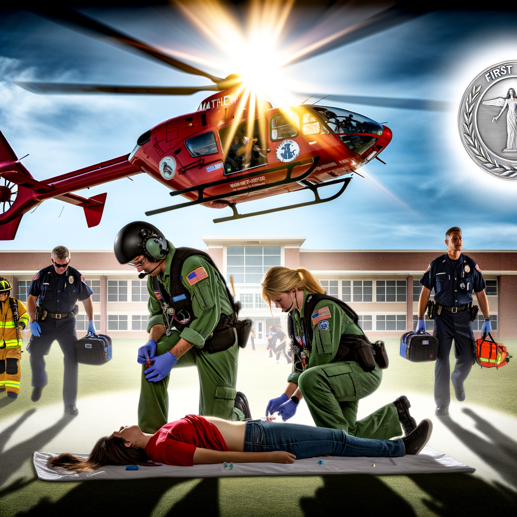 "Air Evac Lifeteam No. 117 Snellville crew members pilot Matthew Dine, flight nurse Lindsay Chapman, and paramedic John 'Trey' Phillips receiving the 'First Friday Heroes Award' for their heroic response during the Bar