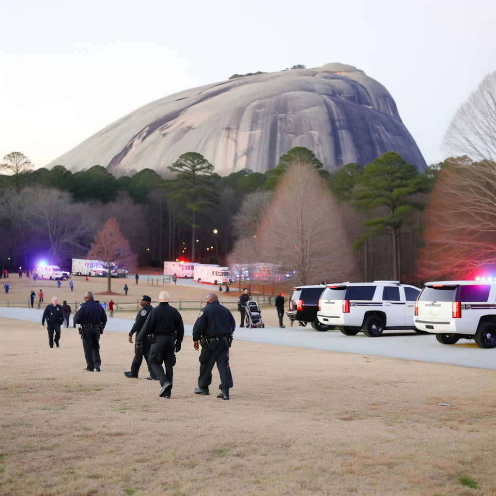 "Police officers gather at Stone Mountain Park in Atlanta, responding to reports of gunfire on Thursday evening, as authorities investigate the situation amidst limited details."