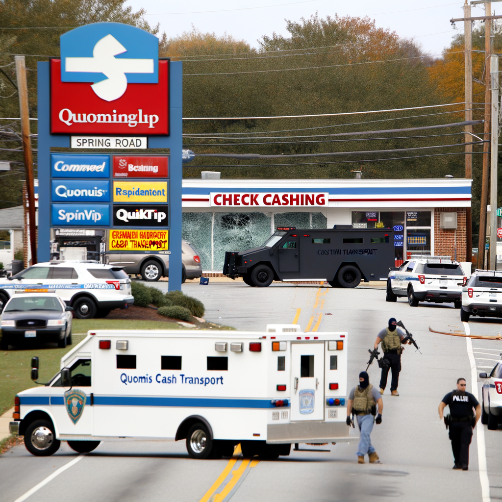 "Police vehicles and SWAT unit surrounding a check cashing store on Spring Road in Smyrna, Atlanta, after an armed suspect triggered a silent alarm, leading to a manhunt and shots fired by officers. The scene shows a broken glass door and