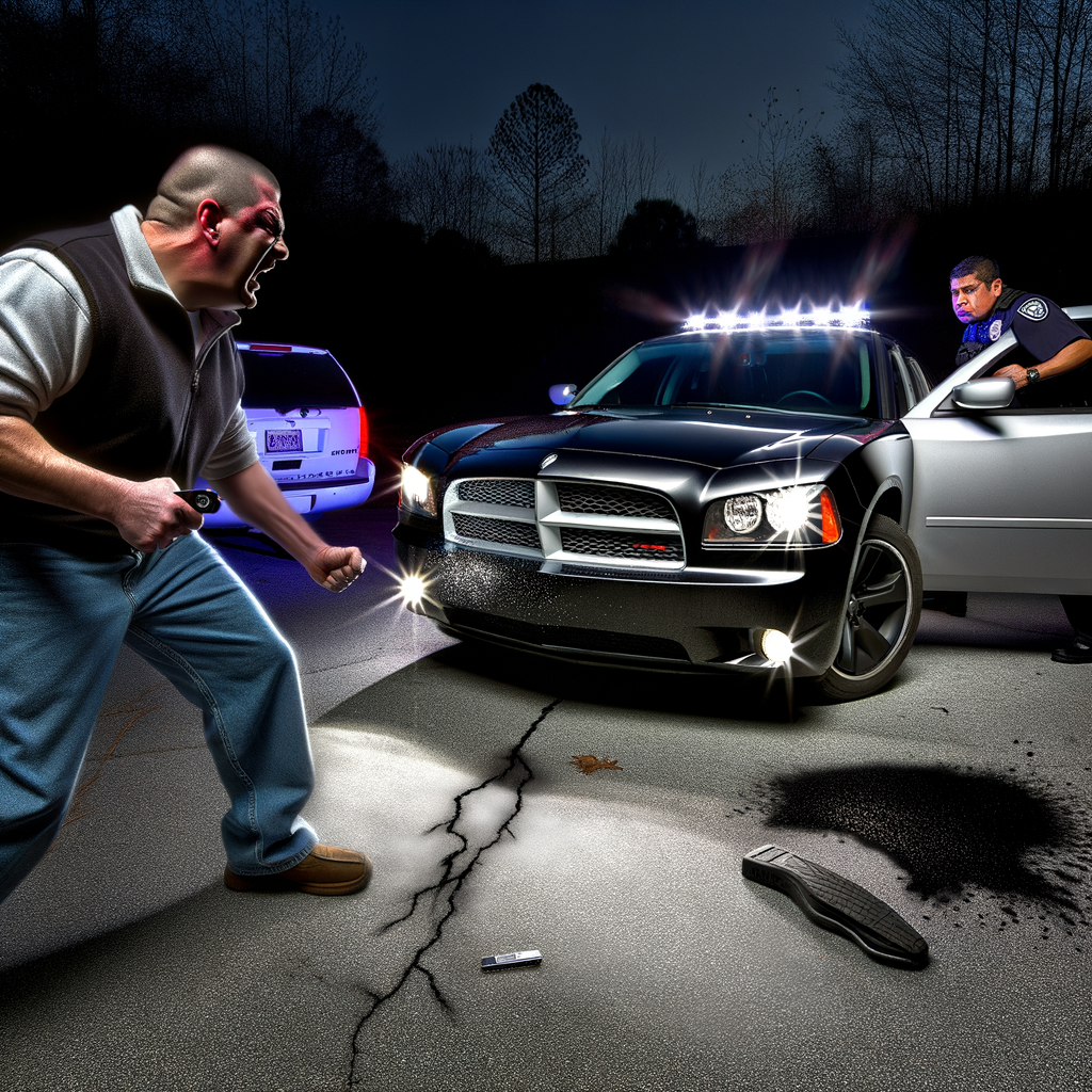 "Justin Perry Hurst, the suspect in the stabbing of off-duty Atlanta police officer Tony Black during a road rage incident, turns himself in to Rockdale County authorities. The image shows Hurst being escorted by deputies, highlighting the serious charges of aggravated