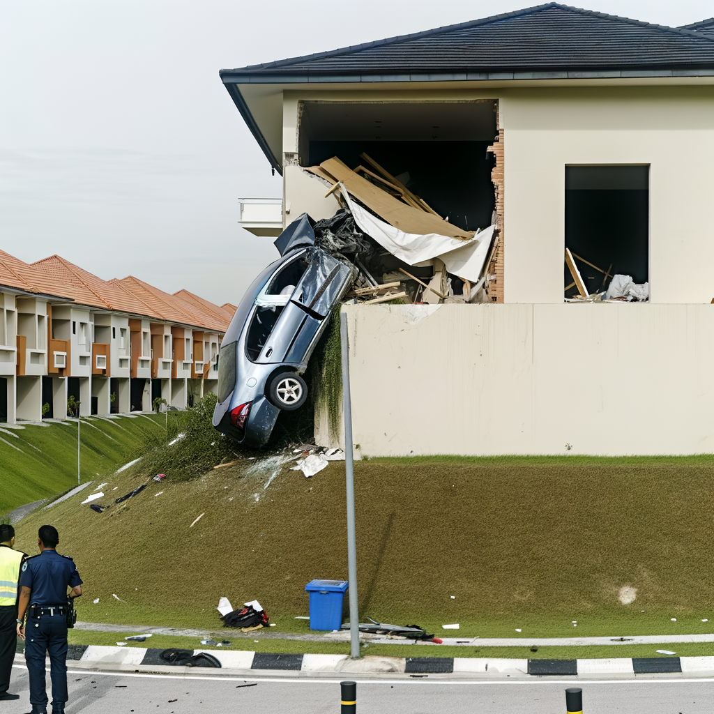 "Scene of a tragic car crash in Norcross, Gwinnett County, where a vehicle fell from a 30-foot retaining wall and crashed into the second story of a townhome on Summer Place, highlighting the dangers of local roadways."