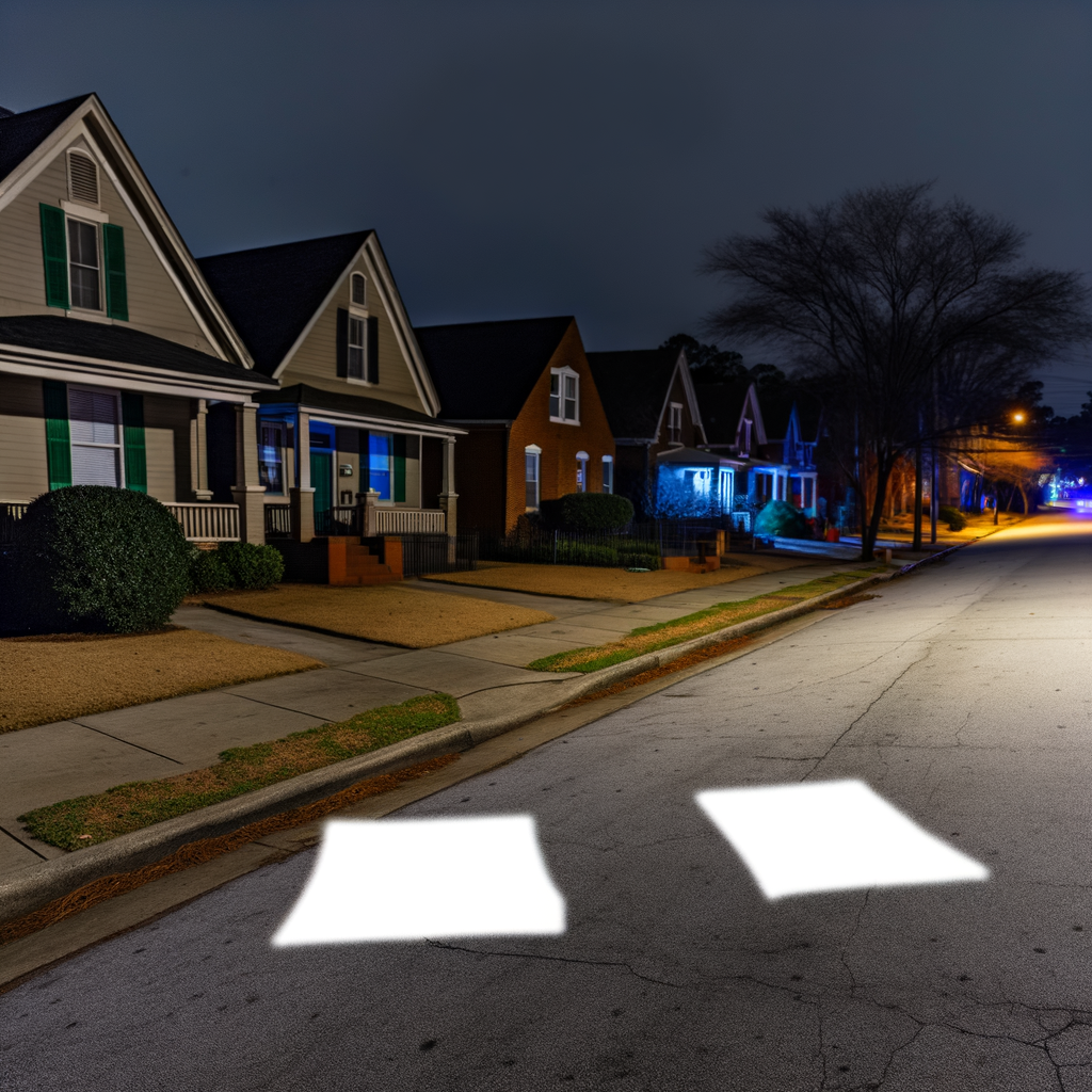 Alt text: "Police investigate shooting scene in southeast Atlanta where a 12-year-old child was injured in their home on Lakewood Trail early Halloween morning, surrounded by evidence markers and shell casings."