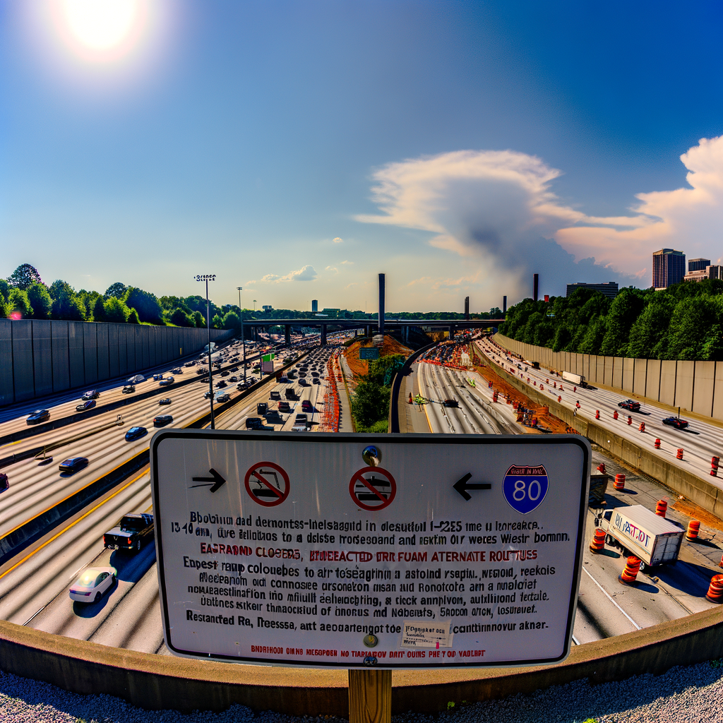 "Controlled blasting at I-285 and I-20 interchange in Atlanta, Georgia, as part of a highway redesign project aimed at reducing traffic congestion for Cobb, Douglas, and Fulton counties. Image shows construction crews and heavy machinery preparing for the controlled blasting