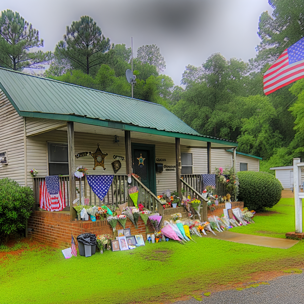 Alt text: "Carroll County Sheriff’s Office honors fallen Investigator Taylor Bristow, who was tragically shot while serving a warrant in Atlanta, leaving behind a wife and two children. A memorial with flowers and tributes is set up outside the