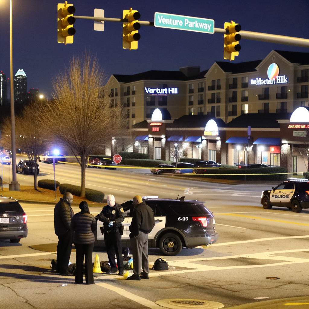 "Gwinnett County police investigate domestic-related shooting scene near Venture Parkway and Market Street, where a man was found with gunshot wounds on Tuesday evening."