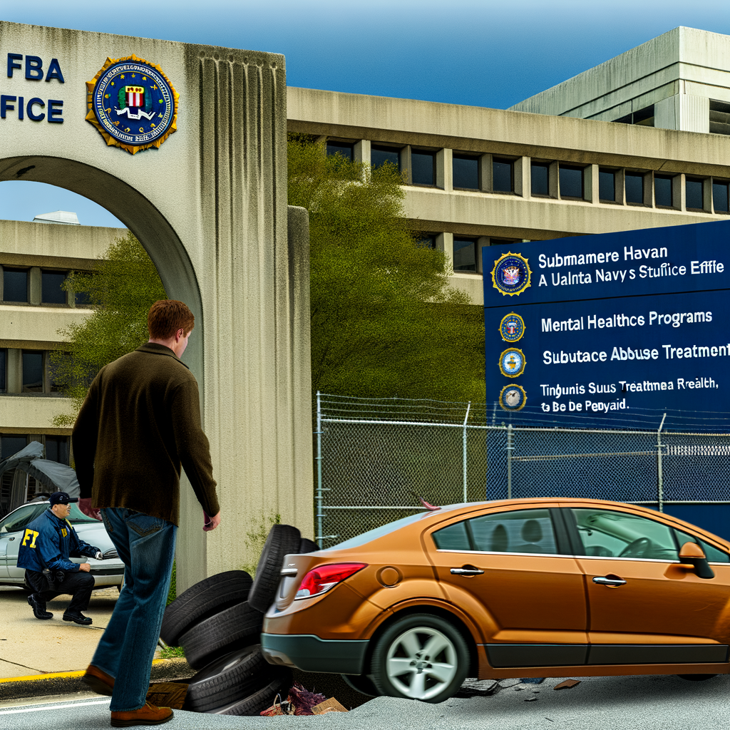 "U.S. Navy veteran Ervin Lee Bolling outside the FBI Atlanta office after his sentencing for attempting to breach the facility's gate, showcasing the damaged entry barrier caused by his orange Buick Encore during the April 2024 incident."